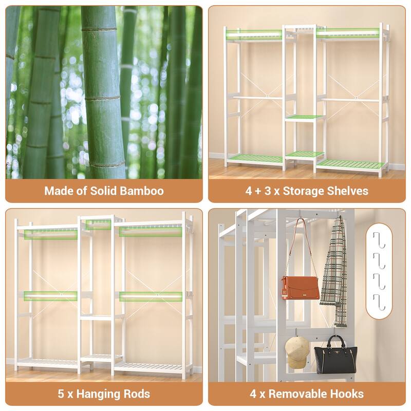 Bamboo Closet System Clothes Rack, Large Freestanding Garment Rack Clothing Rack for Hanging Clothes