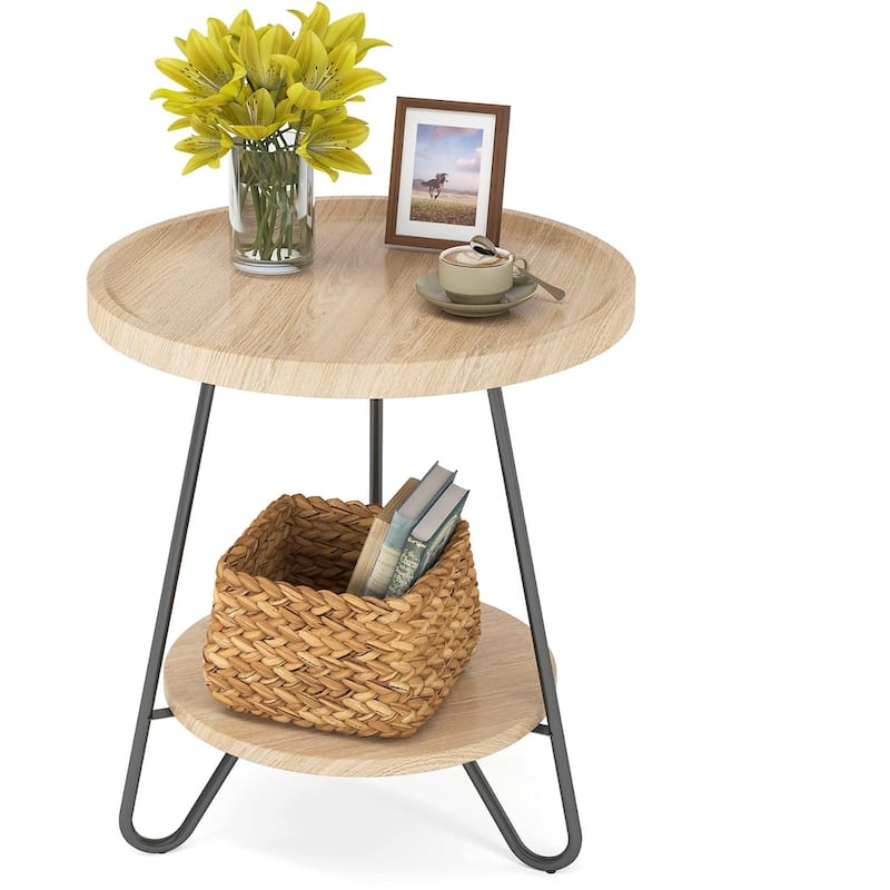 2-Tier Round Side Table, Wooden End Table with Metal Legs