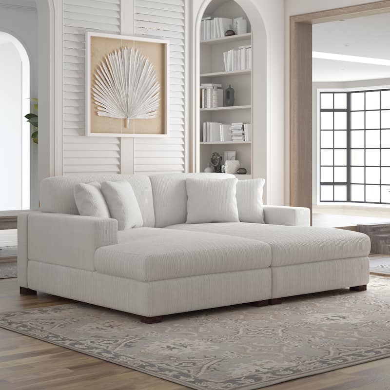 Corduroy Modular Couch Sectional Chaise Lounge Sofa - Beige 2-Piece Chaise Lounge - Symmetrical