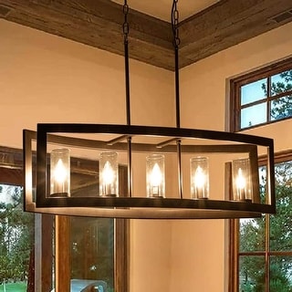 5-Light Mid-Century Modern Industrial Linear Kitchen Island Pendant Vintage Rectangle Glass Chandelier