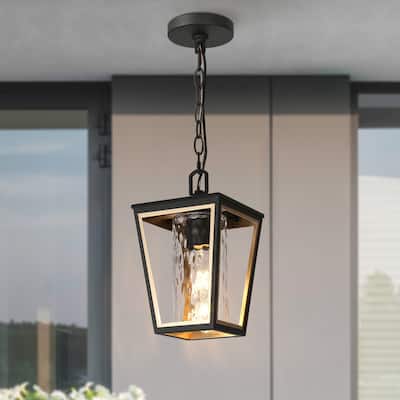 Anly Modern Farmhouse Black Gold 1-Light Outdoor Pendant Lights Patio Lantern Lamp - D7" x H12.2"