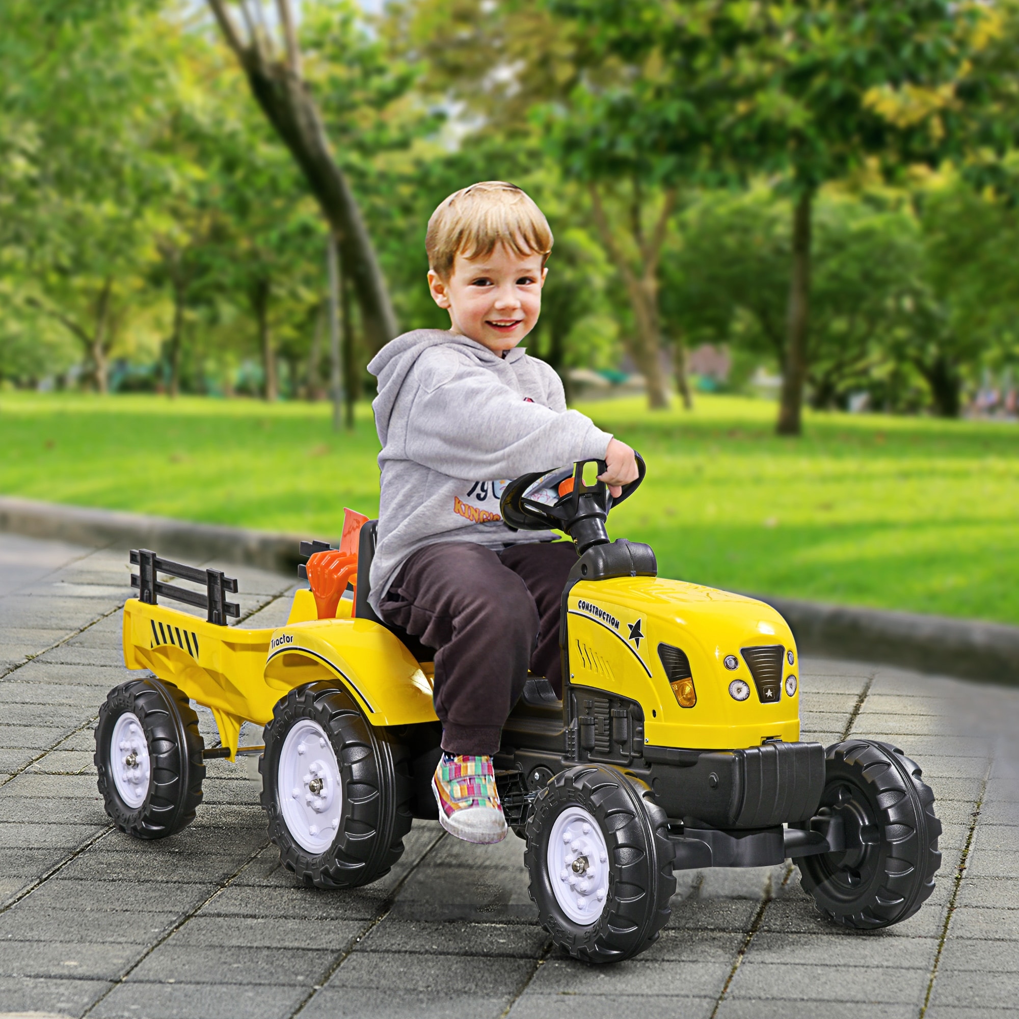 Aosom Kids Ride-On Farm Tractor, Pedal, Storage Trailer, Shovel & Rake, Horn, Yellow