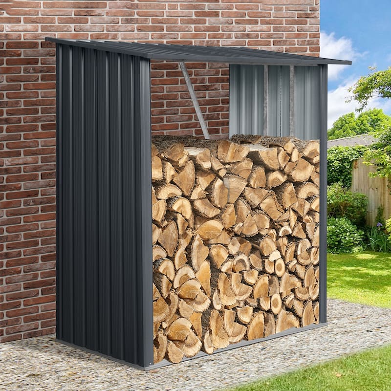 GDF Studio - Luray Outdoor Metal Firewood Rack with Sloped Roof and Open Airflow Design - Black
