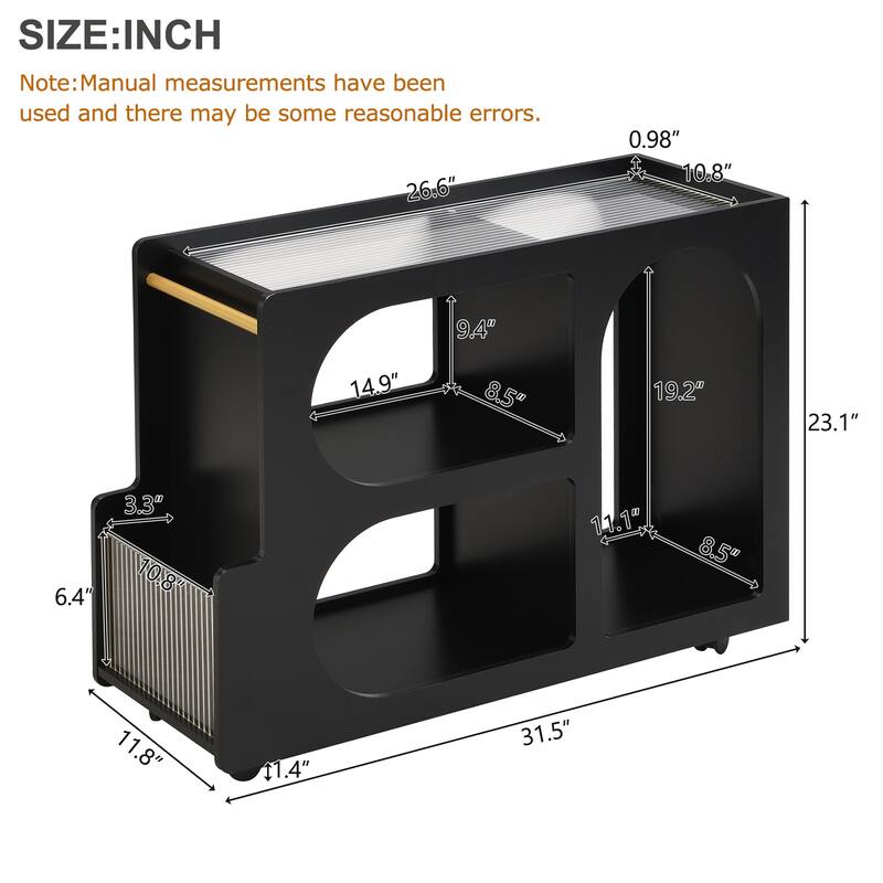 31.5" Modern Mobile End Table with 5mm Thick Fluted Tempered Glass, Lockable Wheels and Golden Round Rod