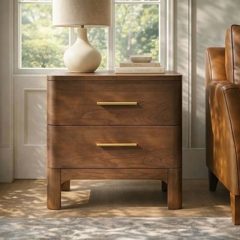Christopher Knight Home - Modern Nightstand with 2 Drawers and Brushed Gold Handles - Brown Oak+ Brass Handles