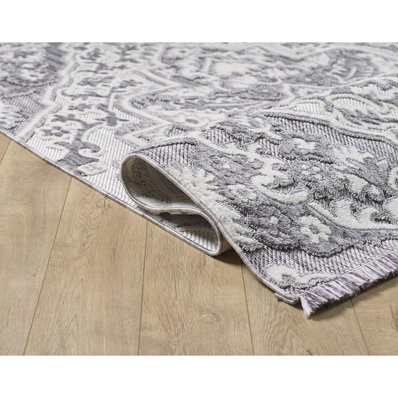 Milos Collection Grey and White Medallion Space-dyed Polyester Rug