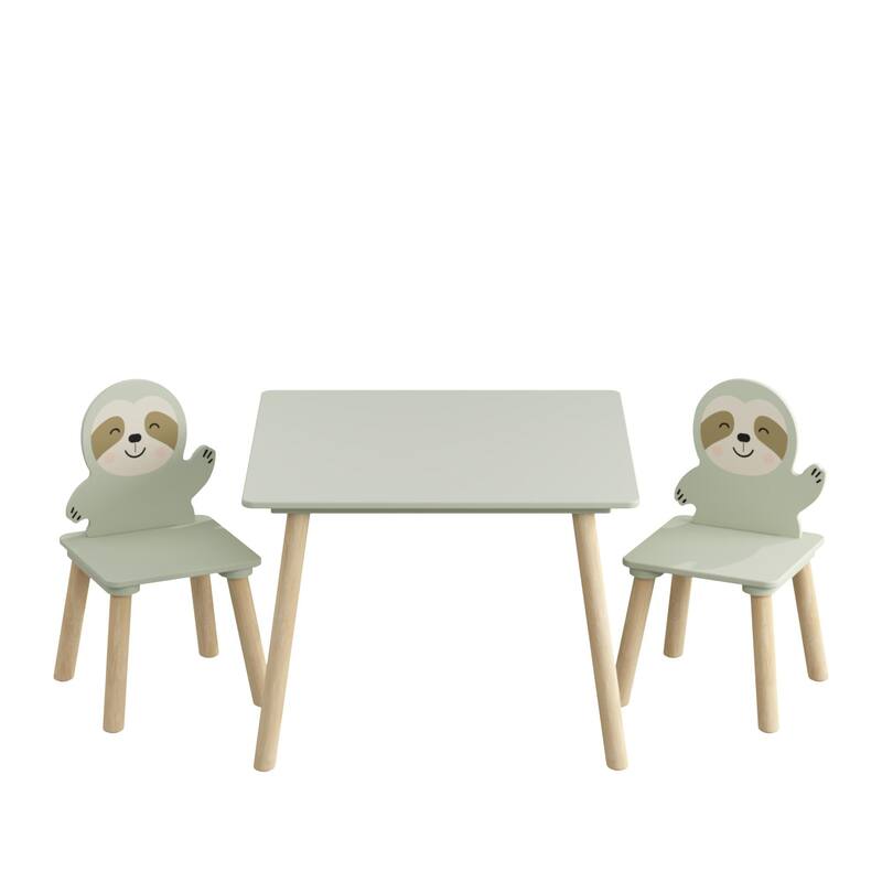 Kids Table and Chair Set with 2 Cute Sloth Chairs, Wooden Toddler Activity Table, Cute Animal Design Play & Study Set