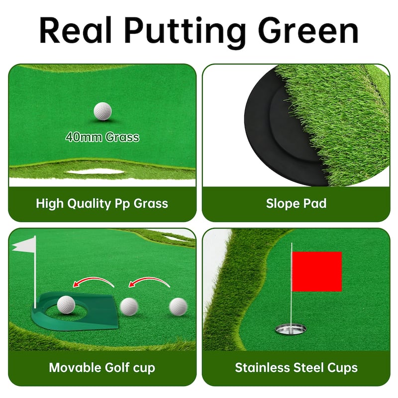 Putting Green Mat with Stainless Steel Cups & Adjustable Slope Challenge for Both Indoor & Outdoor