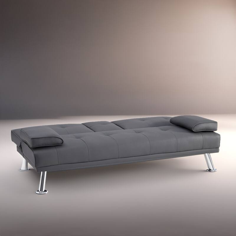 Convertible Futon Sofa Bed with Armrests & Cupholders - Faux Leather Reclining Couch for Small Spaces