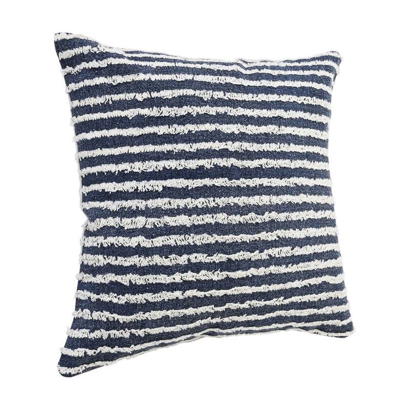 20" Blue and White Tufted Horizontal Stripes Square Throw Pillow