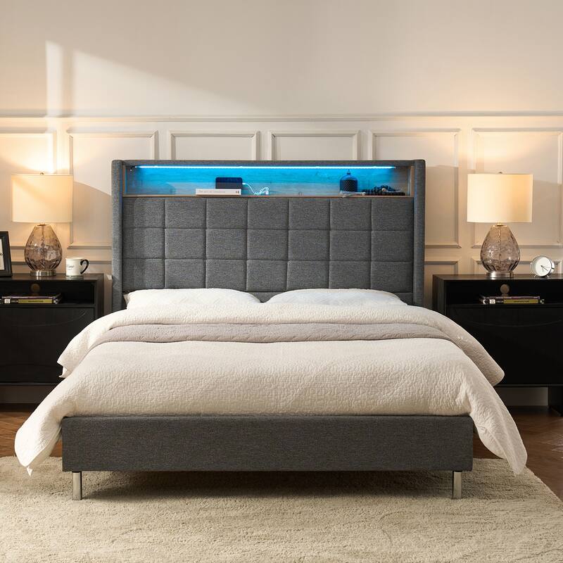 Celia Modern 61.5" Geometric Pattern Bed with Storage Headboard and Warm Night Light by HULALA HOME - Dark Grey - Queen