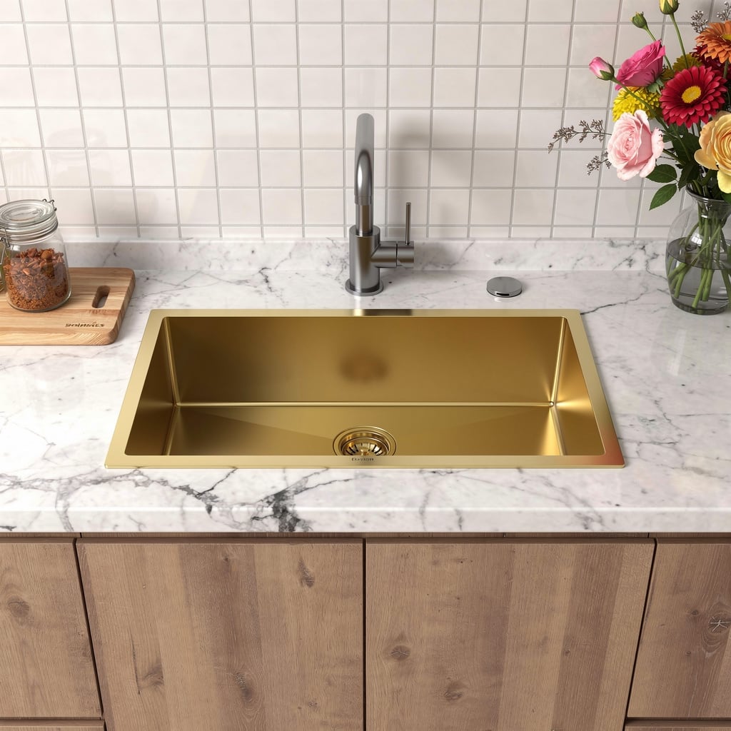 HomeRoots 9" X 30" Gold Stainless Steel Undermount Kitchen Sink - 30.00 in. x 9.00 in. x 18.00 in.