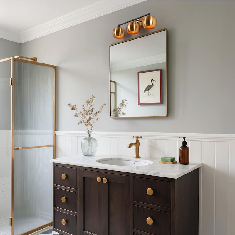 Marden Modern Black Gold 3-Light Bathroom Vanity Lights Vintage Metal Globe Wall Sconces - 22.5" L x 7" W x 8" H