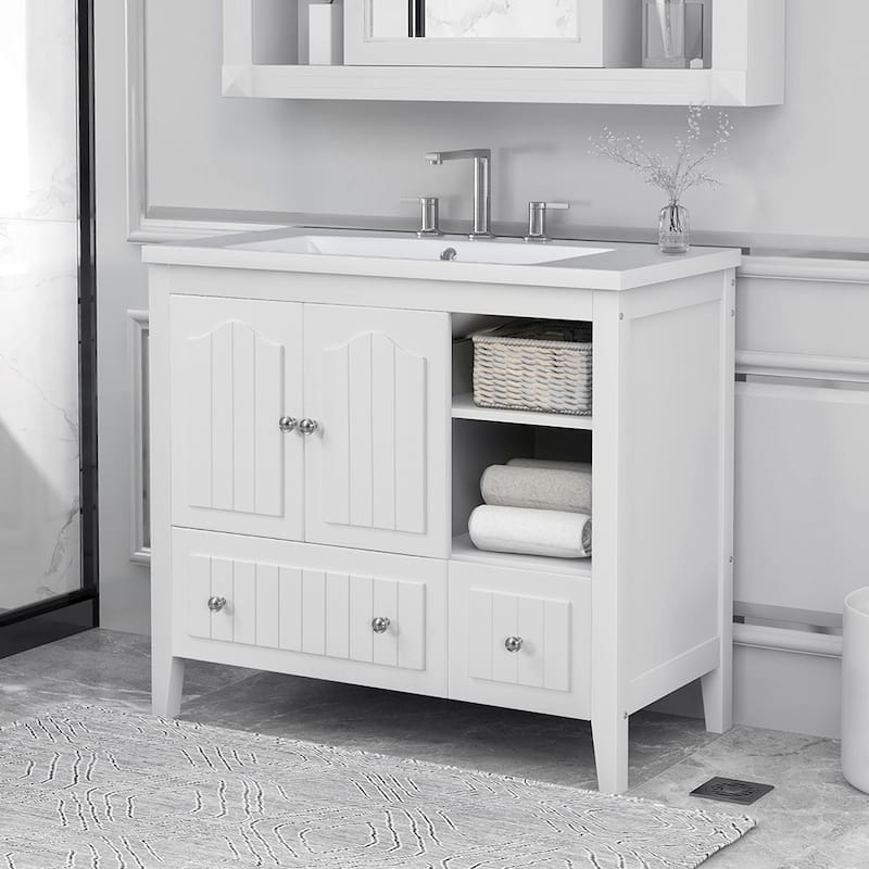 36" Bathroom Vanity with Ceramic Basin - Storage Cabinet with Drawers