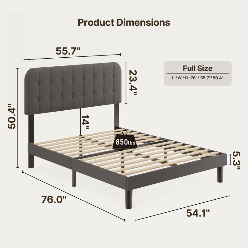Full / Queen / King Bed Frame with Headboard, Upholstered Platform Bed with Sturdy Wooden Slats