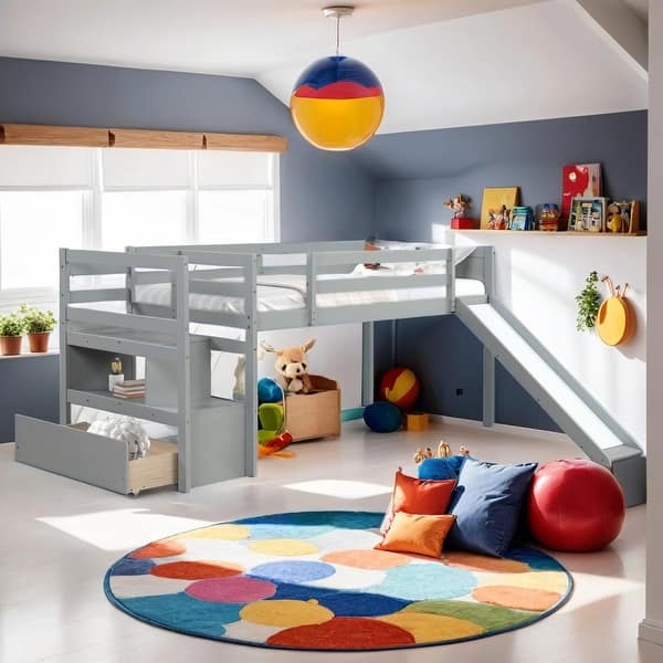 slide 2 of 21, Contemporary Design Twin Low Loft Bed with Stairs and Slide, Sturdy Construction & Safety Guaranteed, Maximized Space
