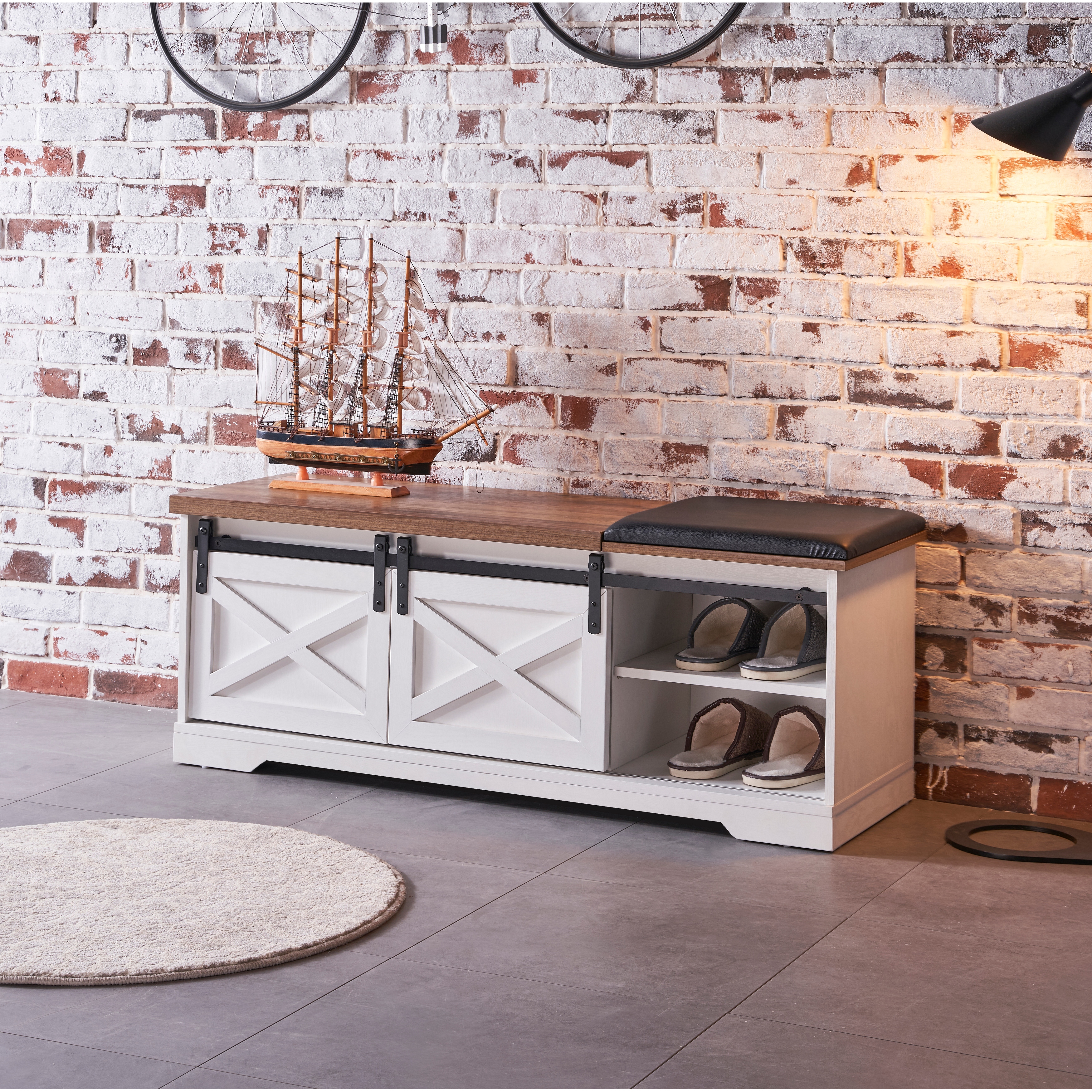 Entryway bench sales with sliding doors
