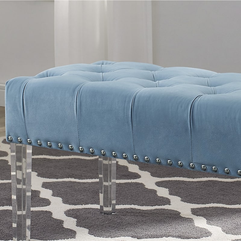 Valley Button Tufted Velvet Upholstered Bench with Acrylic Leg, Blue - Blue