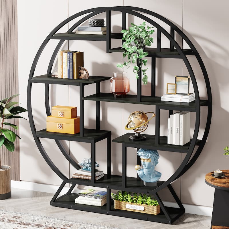 Industrial Round Bookshelf with 14 Shelving Units, Indoor Plant Stand - 11.81"D x 59.05"W x 62.59"H
