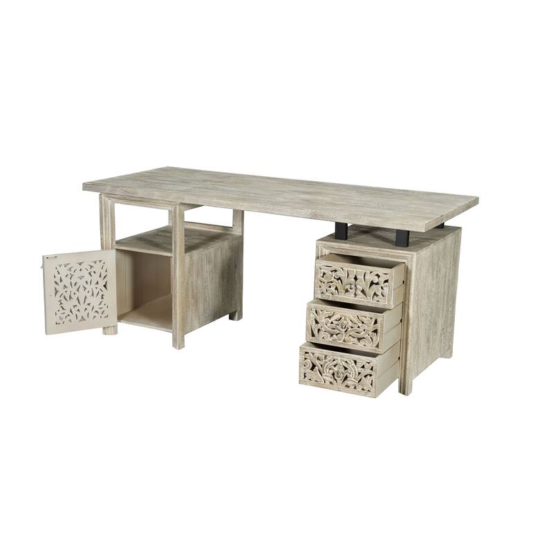 HomeRoots 68" White Solid Wood and Metal Carved Floral Desk With Three Drawers
