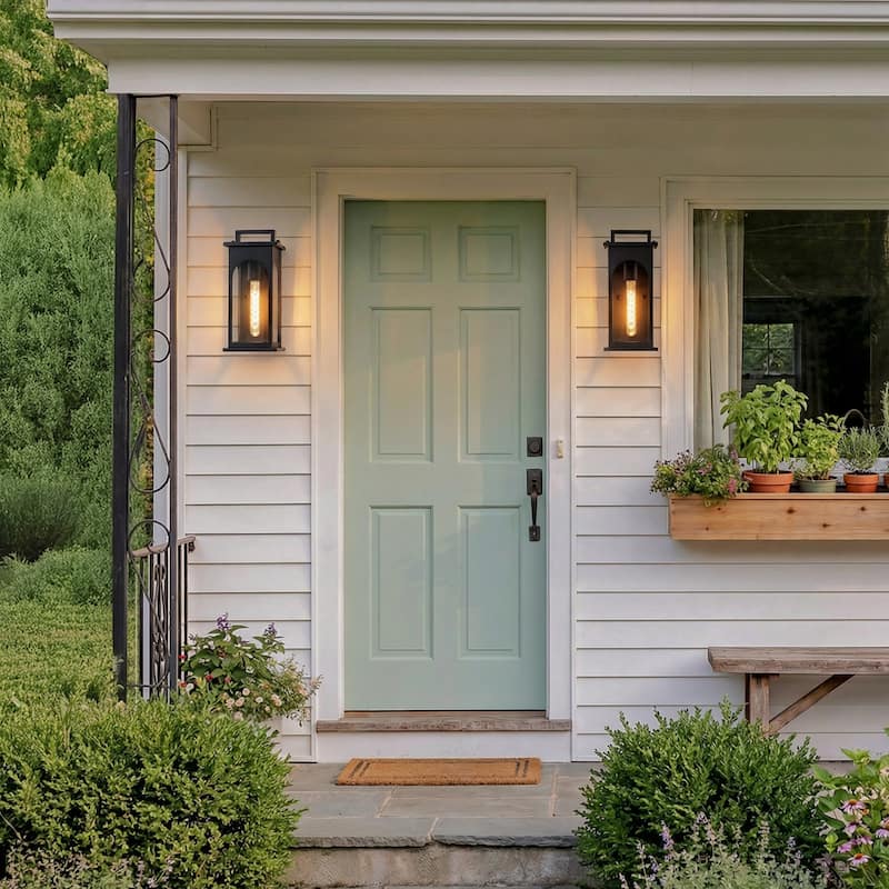 1-Light Modern 13 Inch Outdoor Wall Lantern Black Exterior Sconce with Clear Tempered Glass for Front Door Porch Light - W6‘’