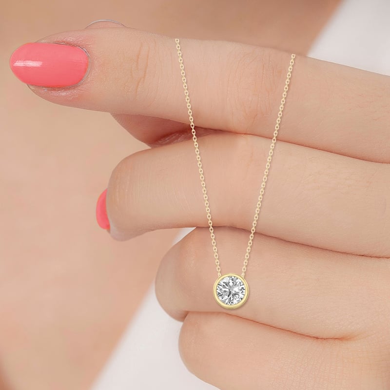Marquee Lab Grown 3/4 Carat Round Solitaire Diamond Bezel Set Pendant in 14K Yellow Gold