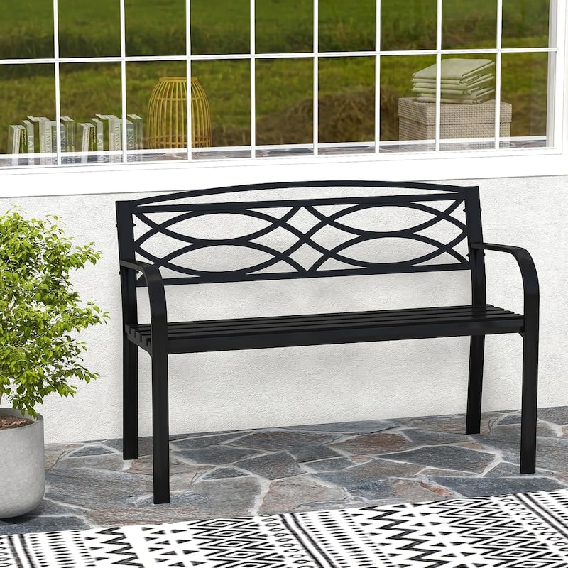 Outdoor Metal Garden Park Bench Heavy-Duty Metal Slatted Loveseat
