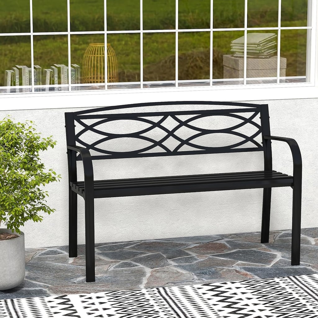 Outdoor Metal Garden Park Bench Heavy-Duty Metal Slatted Loveseat