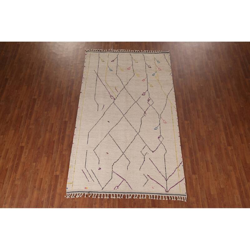 All-Over Striped Ivory Moroccan Area Rug Handmade Wool Carpet - 6'1"x 10'1"