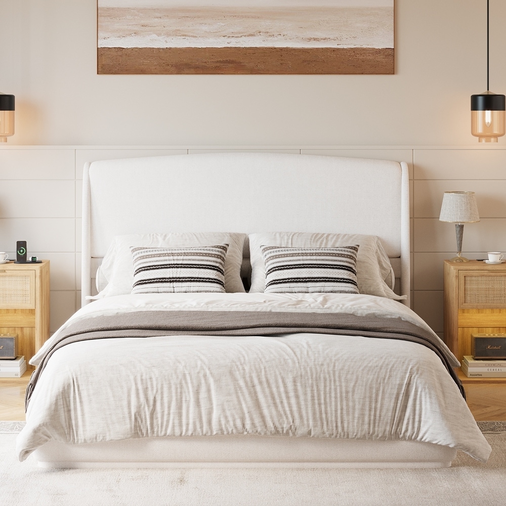 Upholstered Queen Bed Frame with Wingback Headboard, Low Profile Platform Bed with Padded Headboard