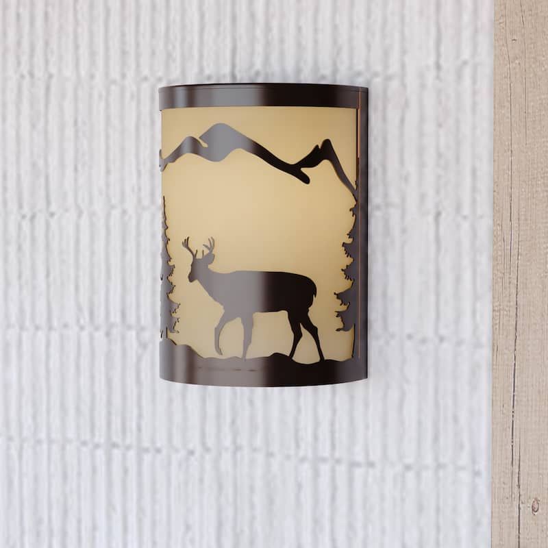 Bryce 1 Light Bronze Rustic Deer Tree Indoor Outdoor Flush Wall Sconce - 8-in W x 11-in H x 5-in D - Burnished Bronze - 8-in W x 11-in H x 5-in D