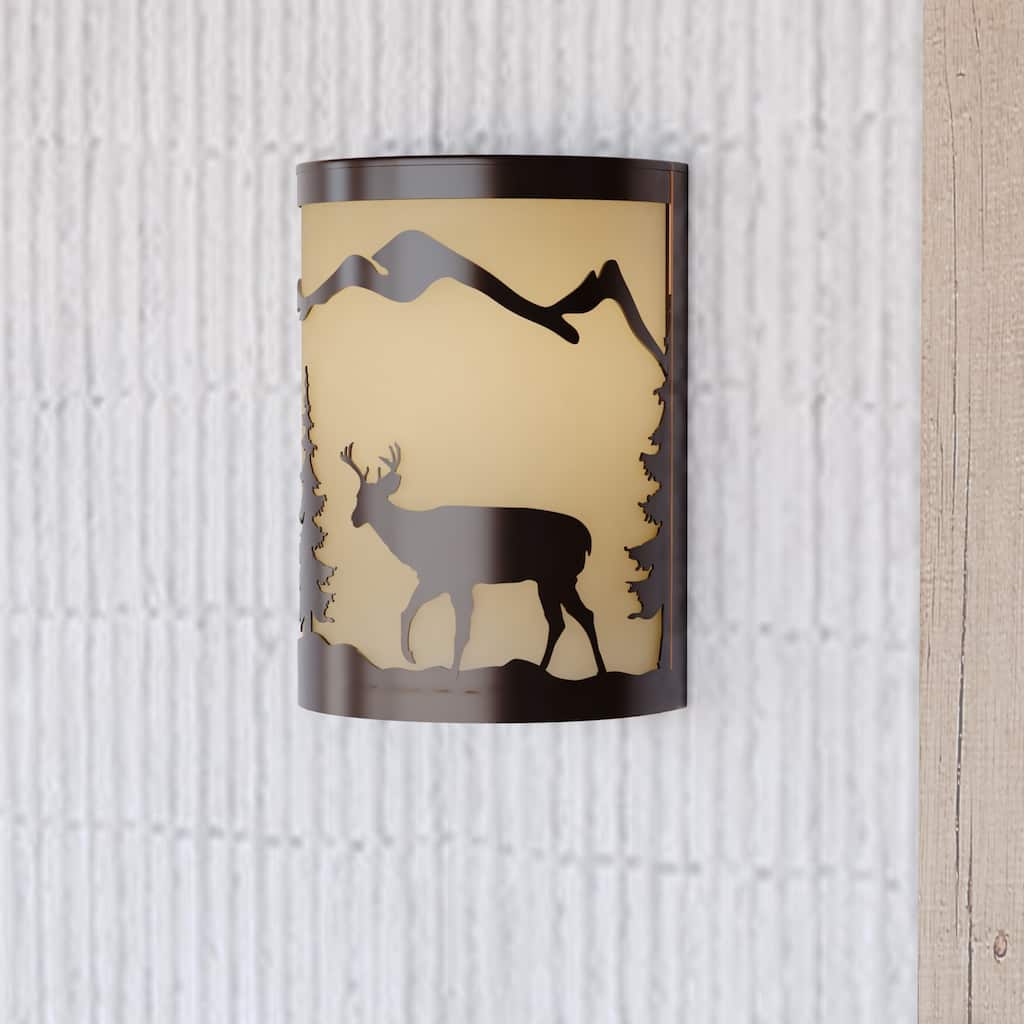 Bryce 1 Light Bronze Rustic Deer Tree Indoor Outdoor Flush Wall Sconce - 8-in W x 11-in H x 5-in D
