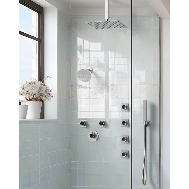 GRANDJOY Dual Shower Heads 12" Ceiling and 6" Wall Mount Body Jets Handheld Shower Spray Rainfall Shower Faucet Set - Brushed Nickel