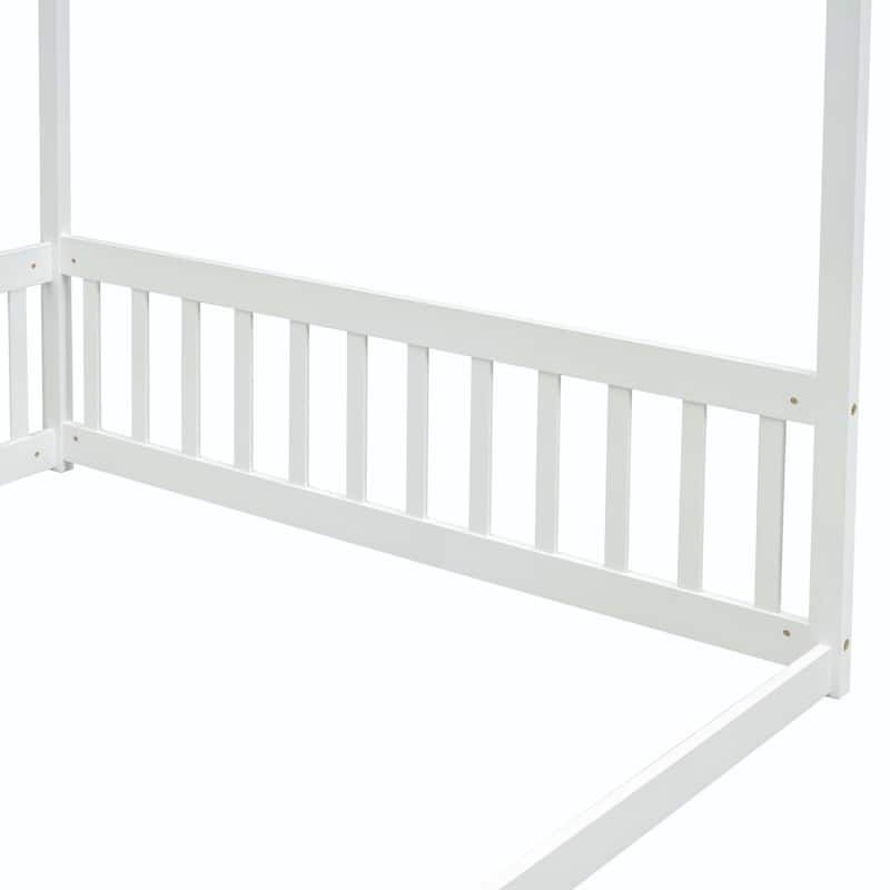 Full Size Canopy Frame Floor Bed with Fence