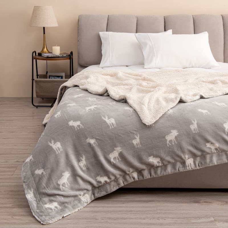 Linery & Co. Velvet Plush Reversible Sherpa Throw Blanket - 50" x 60" Throw - Grey Moose
