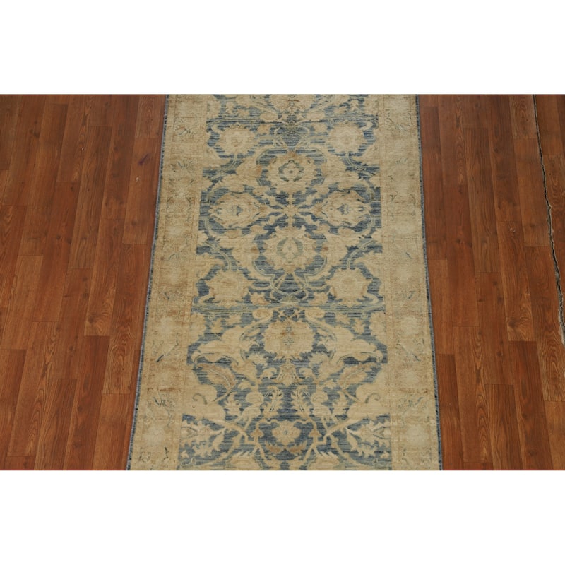 Blue Oushak Turkish Runner Rug Handmade Vegetable Dye Wool Carpet - 3'0"x 10'0"
