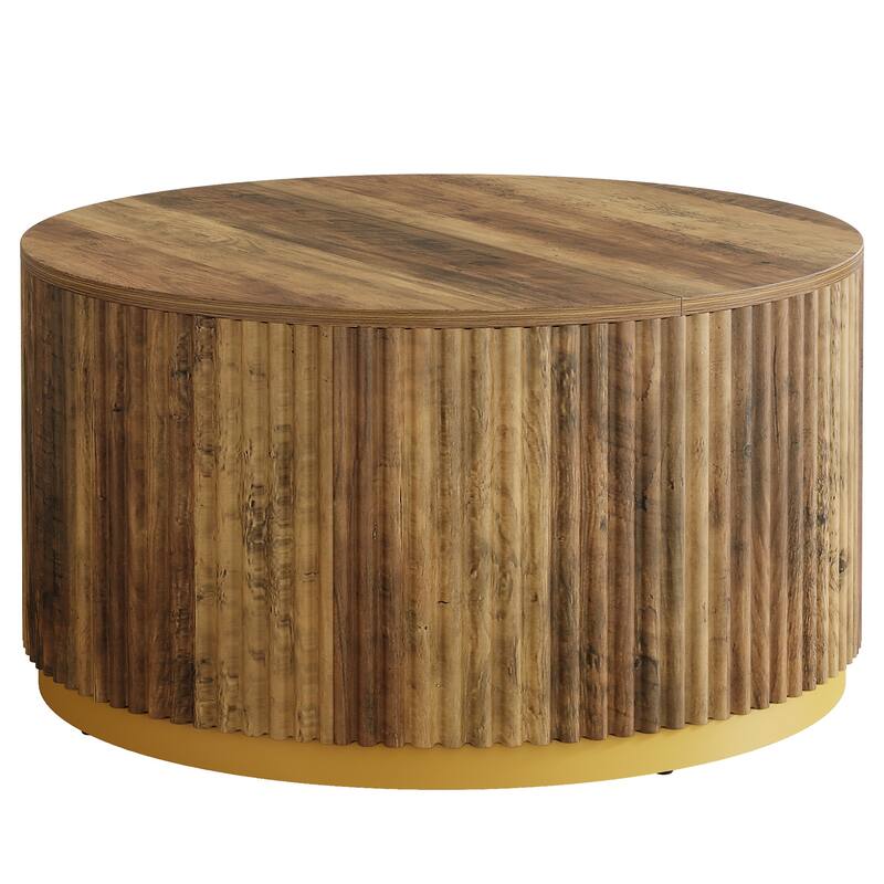 Round Coffee Table, Fluted Wooden Center Table, Mid Century Modern Table for Living Room or Office