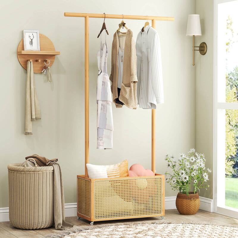 Costway Bamboo Clothes Rack with Rattan Storage Basket & Wheels, - See Details