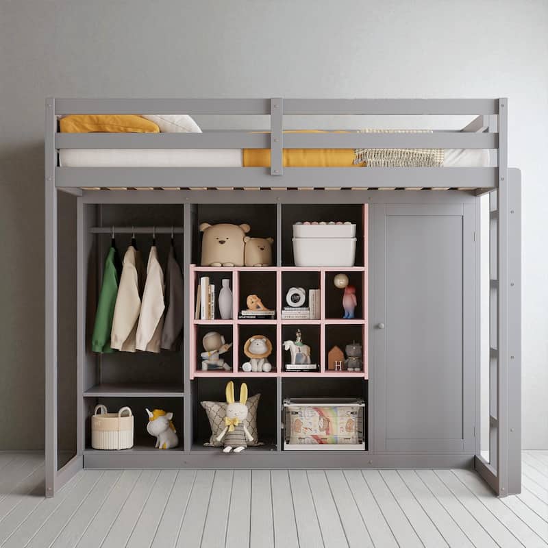 Space-Saving Twin/Full Loft Bed, Solid Wood Frame with Open Wardrobe, Colorful Shelves, Cabinet Storage & Reversible Ladder