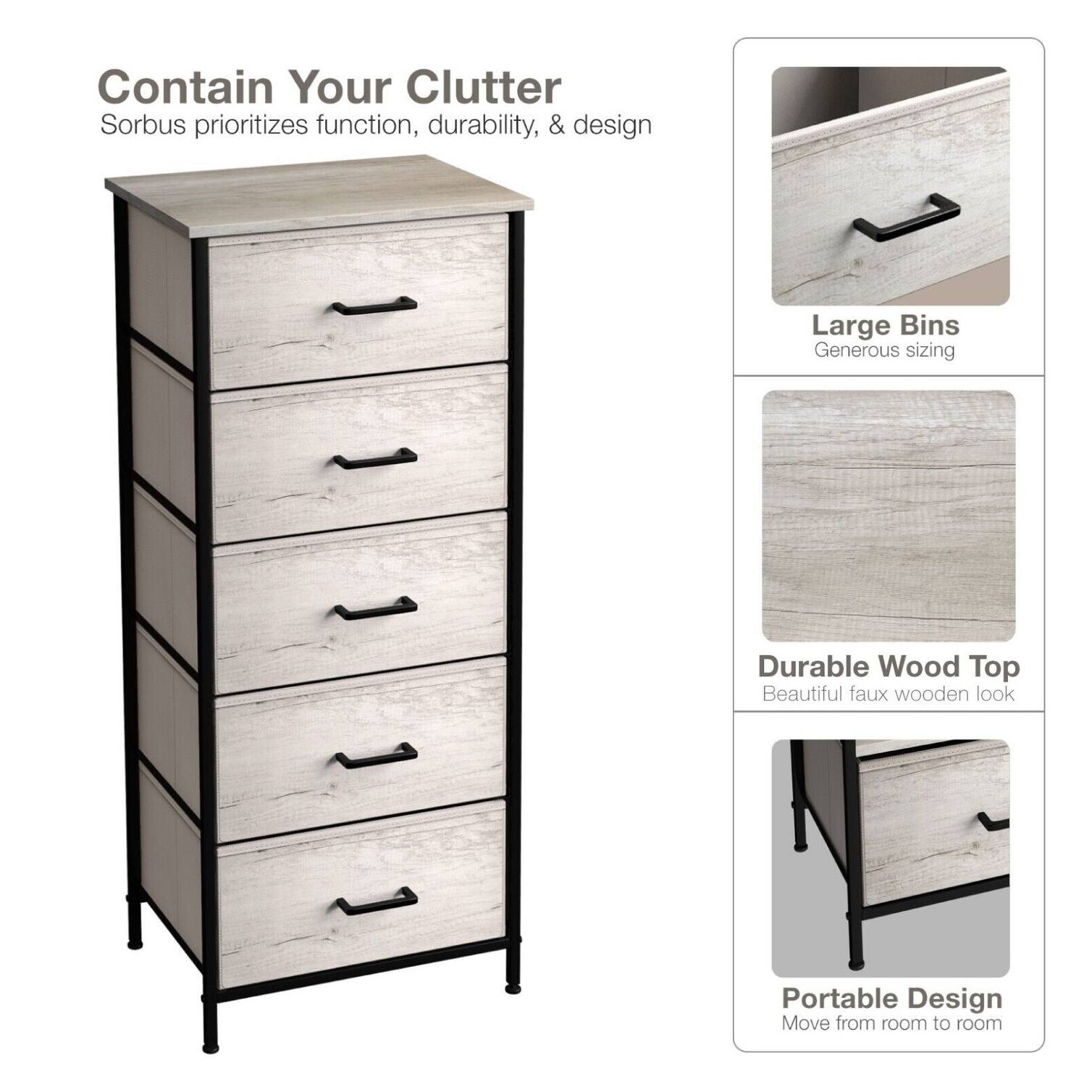 Tall Fabric Storage Dresser 5 Drawers Steel Frame Beige Bed Bath