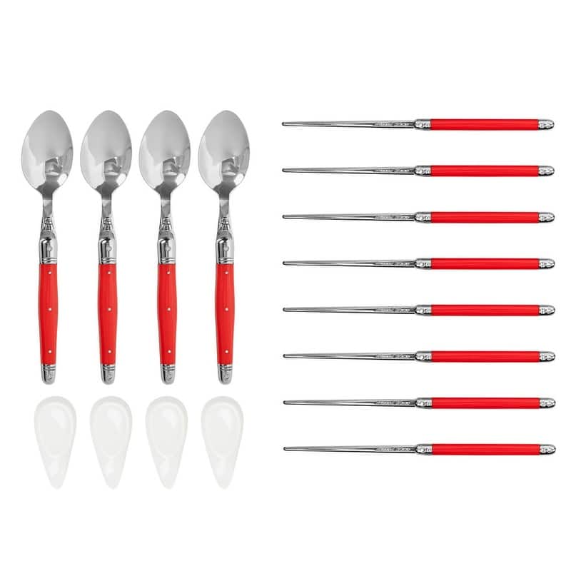 French Home Red Chopsticks, Laguiole Spoons and Ceramic Rests, Set of 4 Pairs