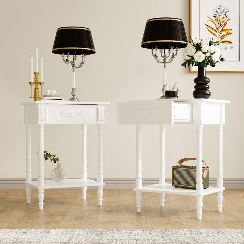Vintage End Table with Drawer and Shelf, French Style Nightstand with Solid Wood Legs, White Accent Table