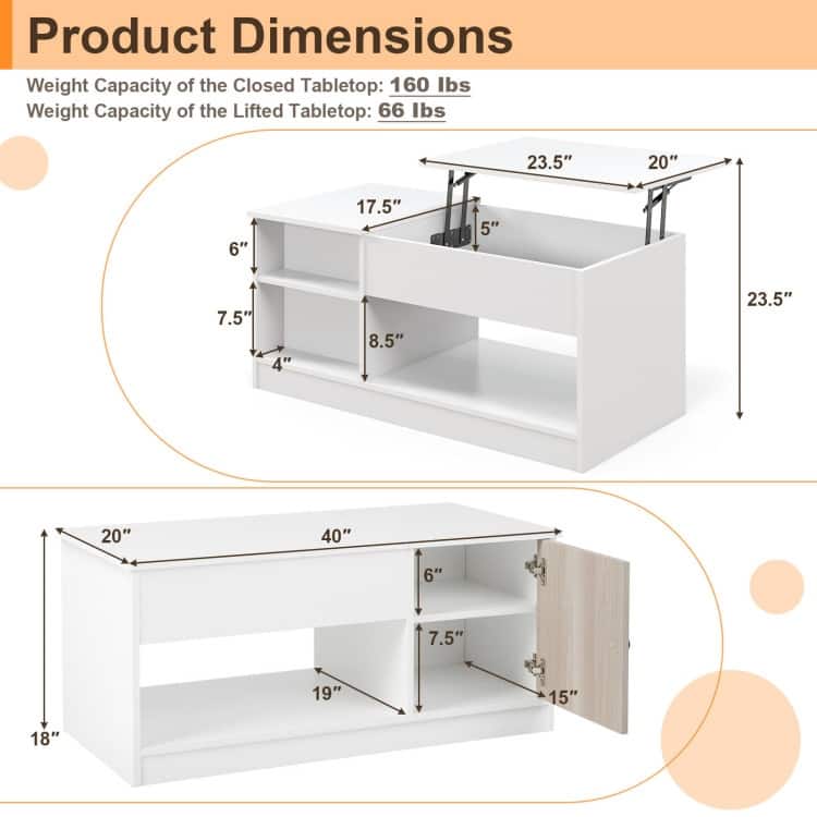 Multifunctional Coffee Table with Lift Top and Storage Shelves - 40" x 20" x 18"-23.5"(L x W x H)