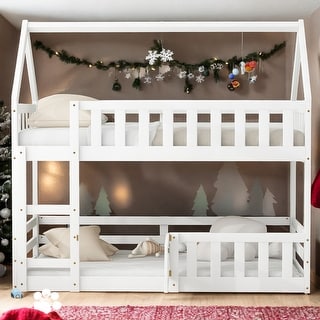 Modern Twin over Twin House-Shaped Bunk Bed with Fence and Door,Sturdy Construction