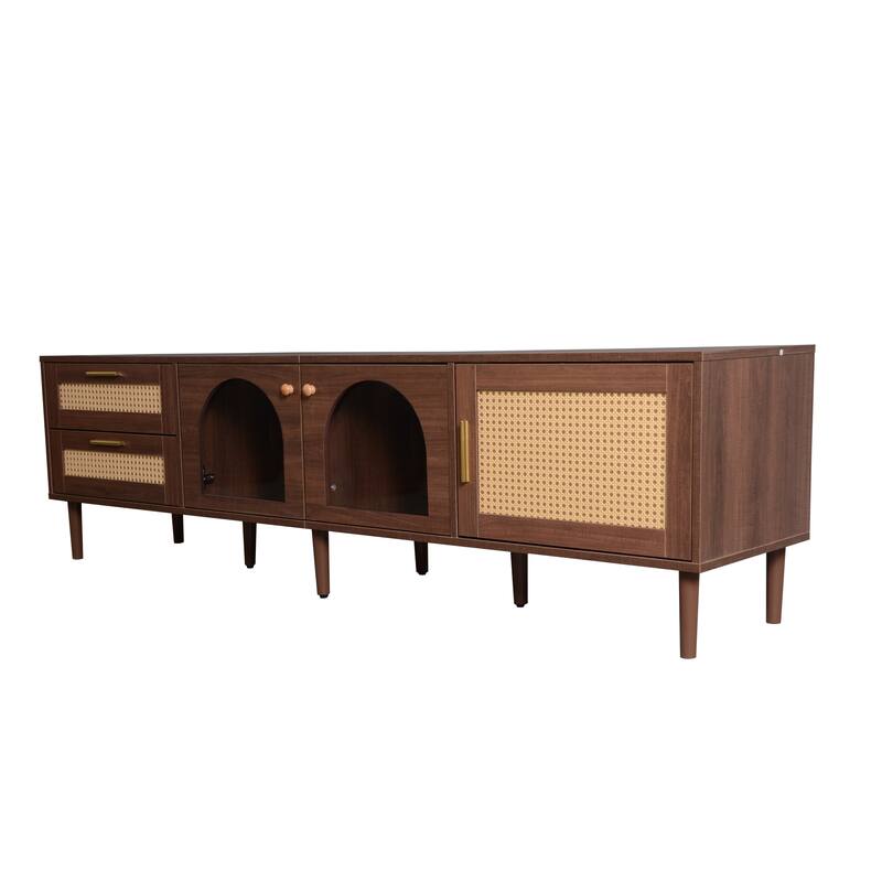 Modern Media Console with Rattan Design, LED Lights & Storage for TVs up to 80" - Living Room & Bedroom TV Stand