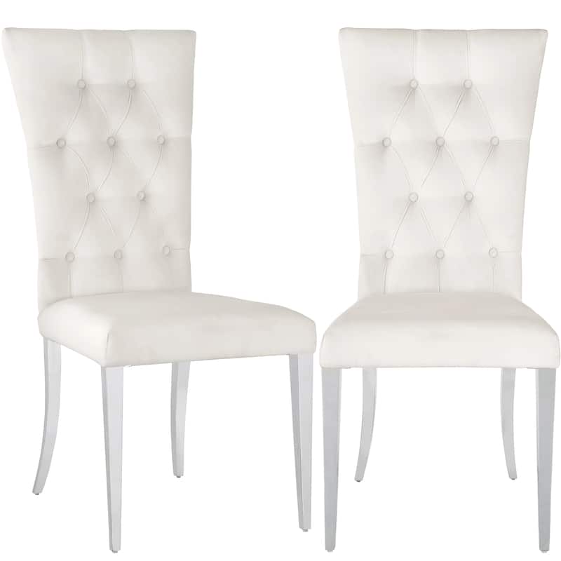 Luxurious Button Tufted White Velvet and Chrome Legs Dining Chairs (Set of 2)