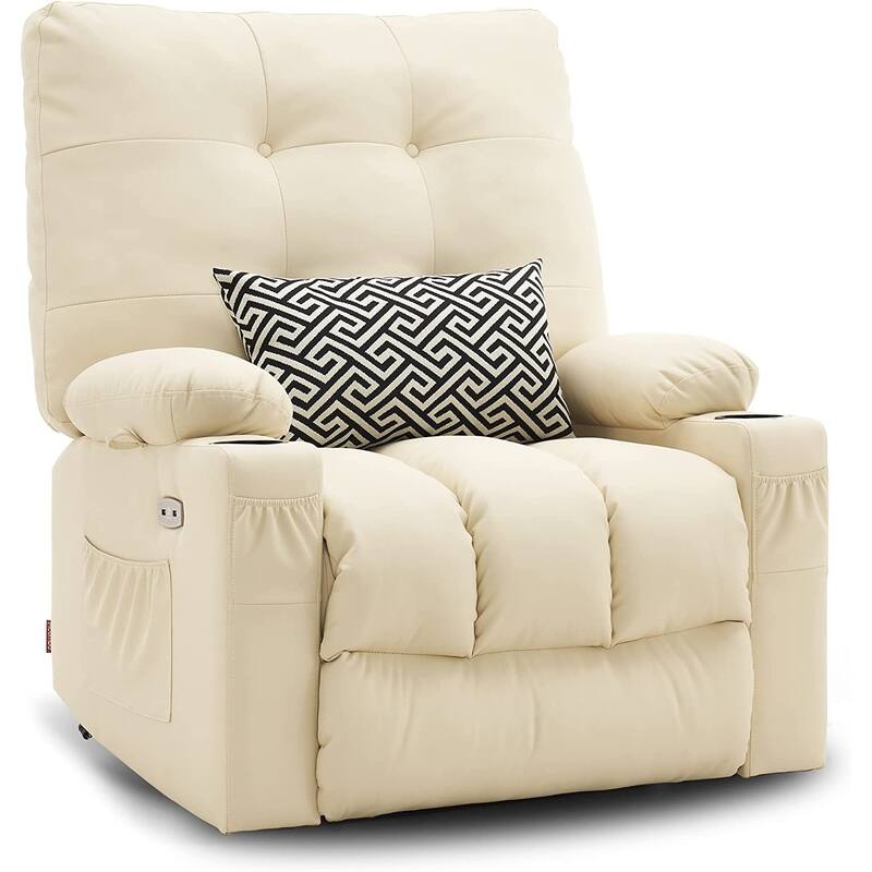 MCombo Large Power Swivel Glider Rocker Recliner Chair with Massage and Heat, Faux Leather 7748 - Cream