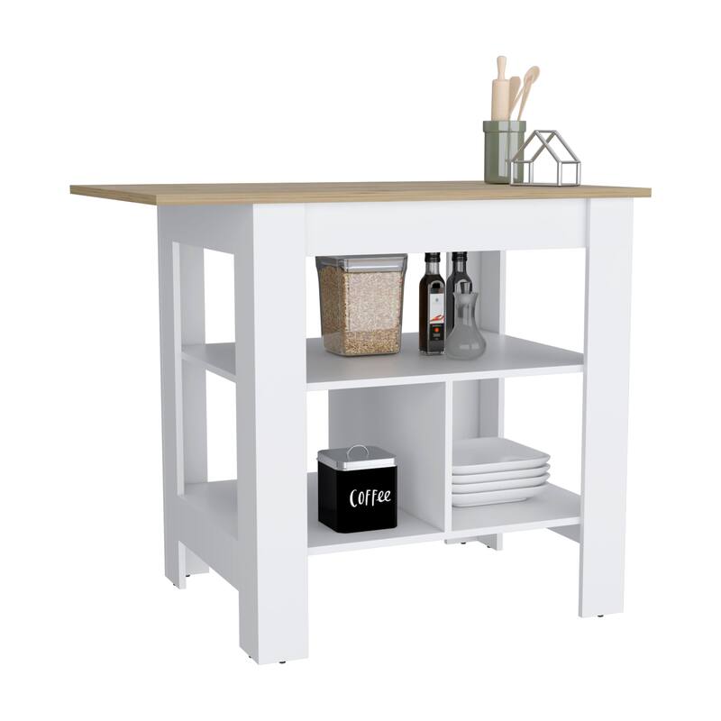 Kitchen Island, kitchen table 35" H, 3 Open Shelves, White/Macadamia - Multi