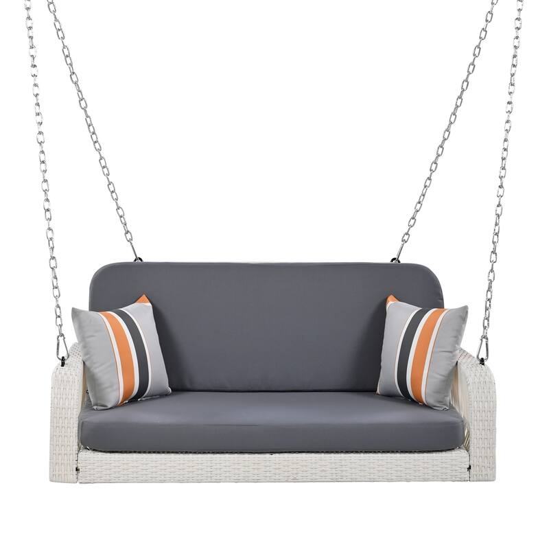All-Weather PE Wicker Porch Swing with Cushions and Chains, 2-Person Hanging Bench for Backyard, Garden, Patio or Poolside Use
