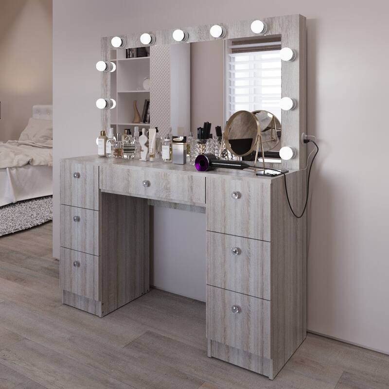 Boahaus Makeup Vanity 7 Drawers Lighted Crystal Knobs USB Port
